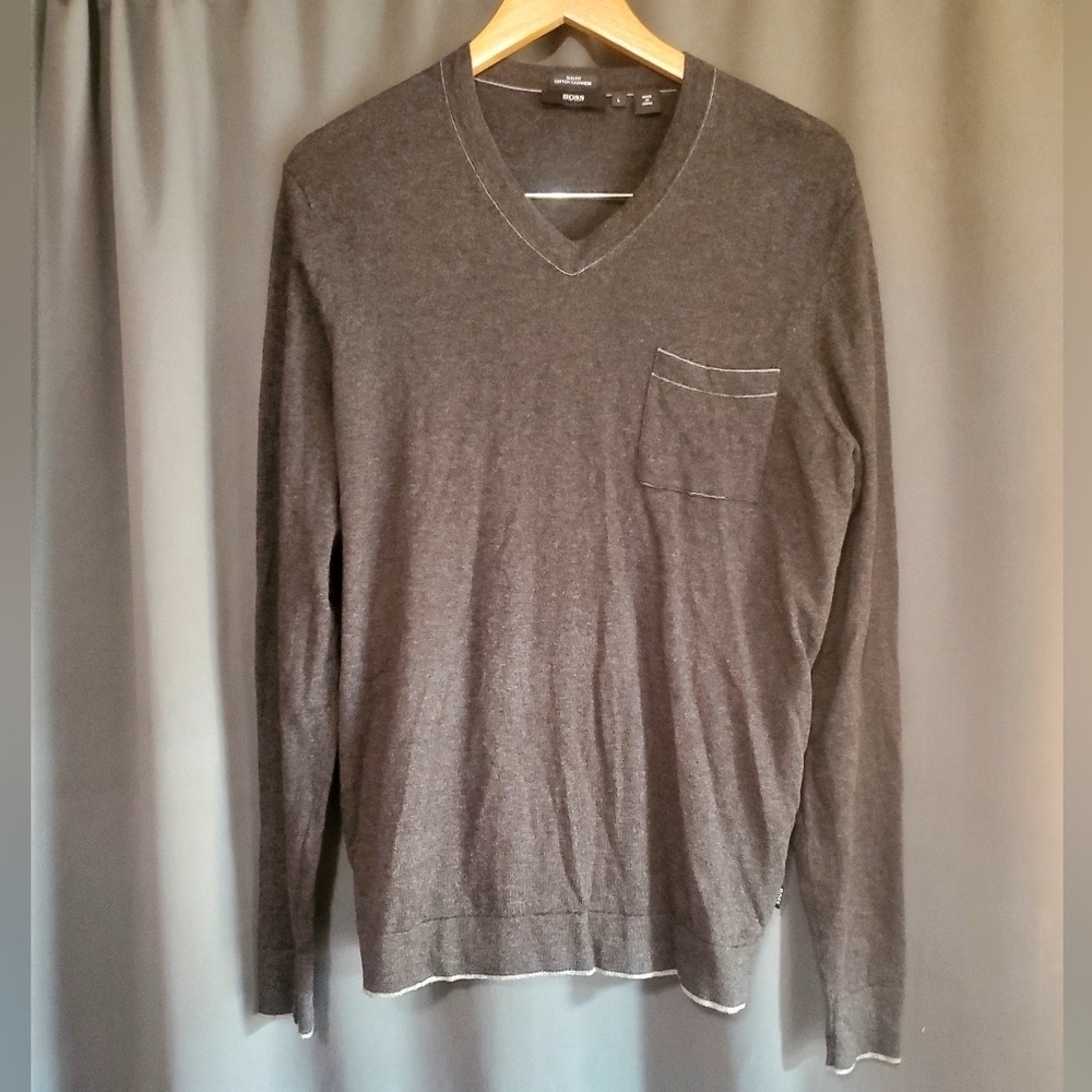 Boss Hugo Boss Gray Cashmere Blend Slim Fit V-Neck Sweater Size Large